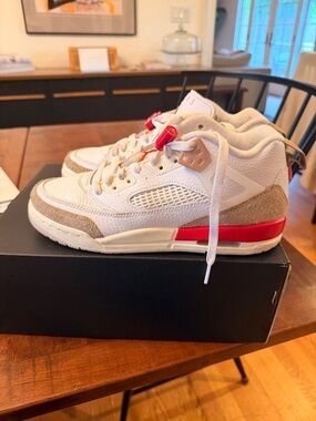 Nike Kids White and Red Sneakers with Tan Suede Accents
